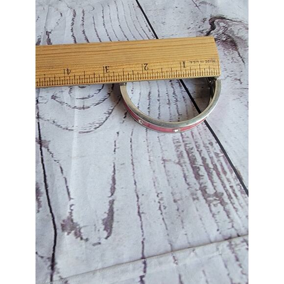Silver Tone Pink Enamel Hinged Bangle Bracelet With Gems - Picture 7 of 7